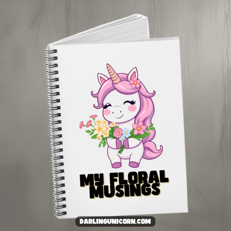 Funny Notebook featuring a smiling unicorn holding a lovely flower bouquet, ideal for journaling happy thoughts.