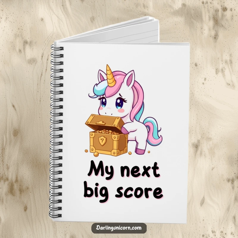 Funny notebook cover featuring a unicorn expressing surprise at a chest brimming with golden treasures.