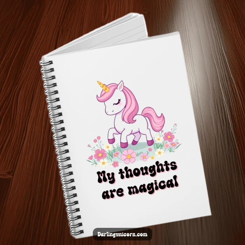 Funny unicorn prancing with a glowing horn on a field of dazzling glitter flowers, perfect for capturing magical notes.