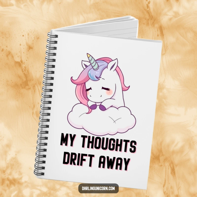 Funny notebook with a unicorn nuzzling a cloud, perfect for jotting down dreams and ideas with a sigh of pure happiness.