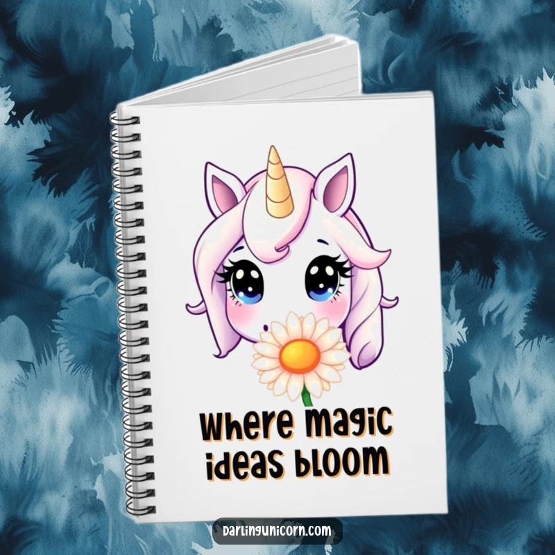 Funny Notebook: A unicorn with innocent eyes is shown sniffing a giant daisy, creating a humorous and inspiring journal cover.