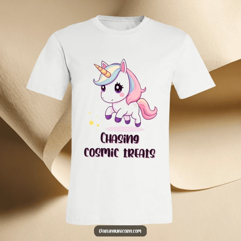 Funny kawaii unicorn t-shirt showing a cute unicorn with curious eyes chasing a shimmering trail of stardust through the cosmos.