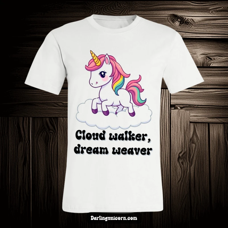 Funny kawaii unicorn with a flowing rainbow mane prancing joyfully among soft clouds on a comfortable graphic t-shirt.