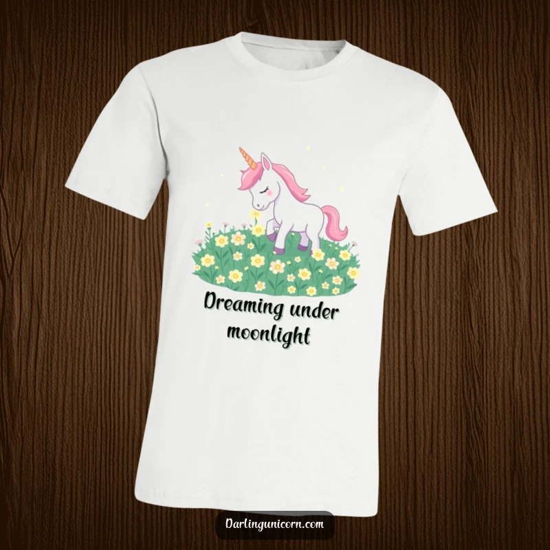 Funny unicorn playfully nuzzling luminous moonflowers in a serene, dreamy graphic t-shirt.