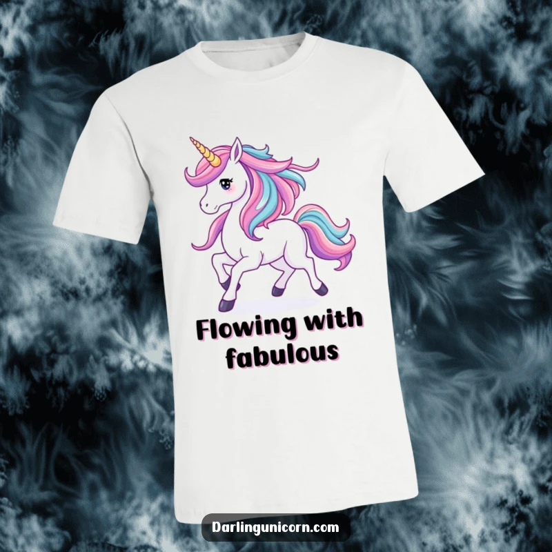 Funny t-shirt of a unicorn prancing elegantly, its mane cascading like a vibrant waterfall, symbolizing freedom and beauty.