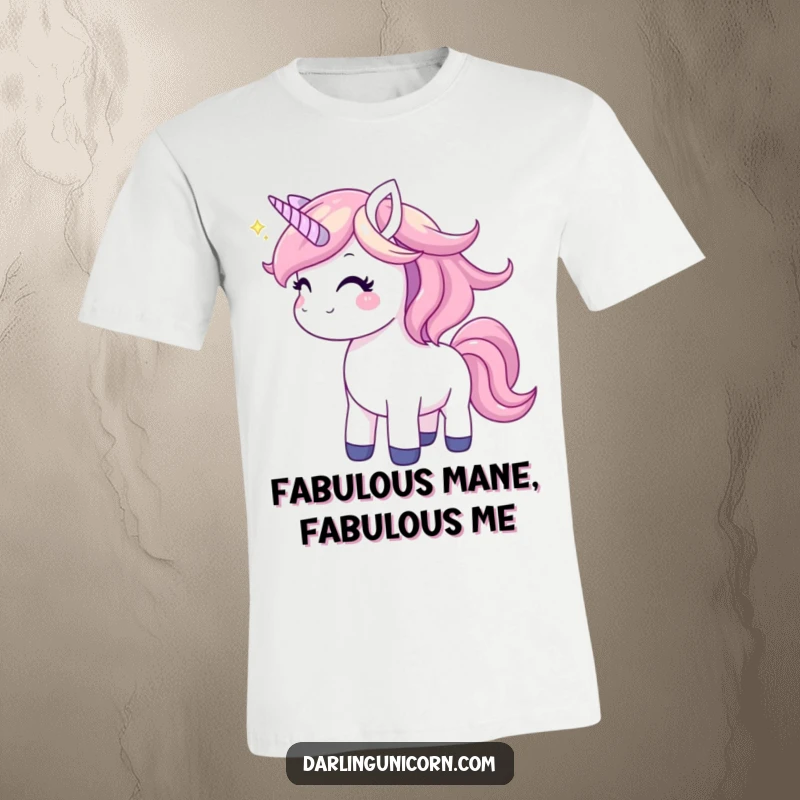 Funny unicorn t-shirt featuring a joyful unicorn energetically tossing its shimmering mane, celebrating happiness and magical vibes.