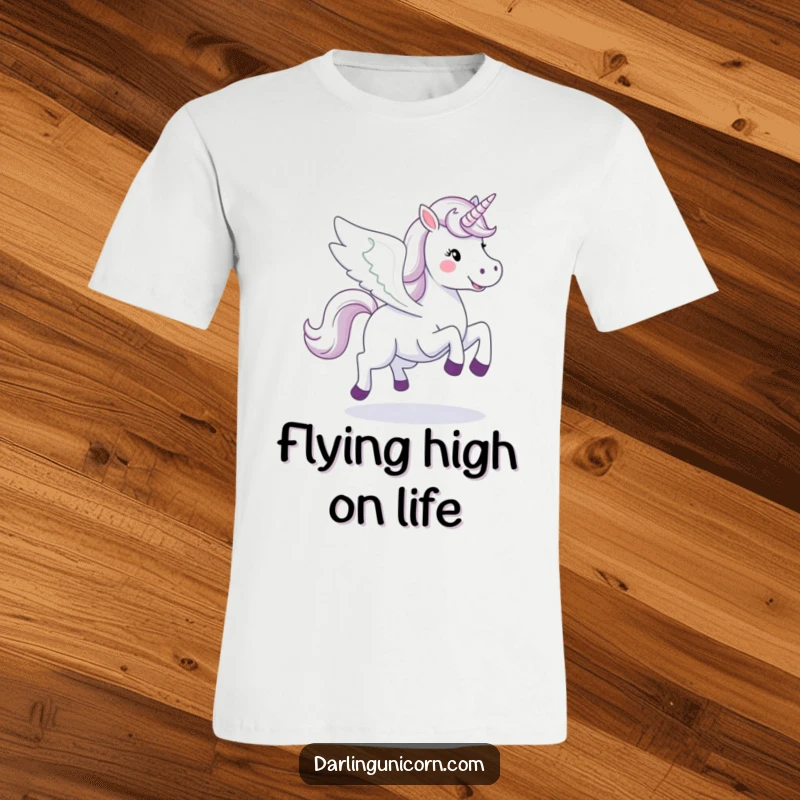 Funny happy unicorn with powerful, outstretched wings, galloping dynamically across a t-shirt.
