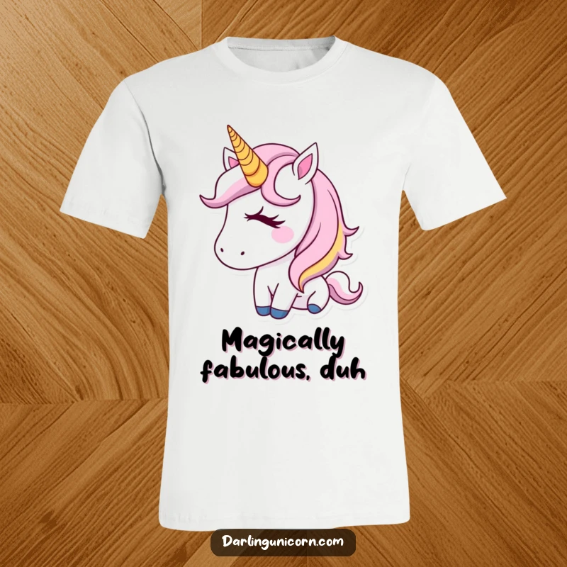 Funny T-Shirt showcasing a cute unicorn with a golden horn giving a charming wink and a playful expression.