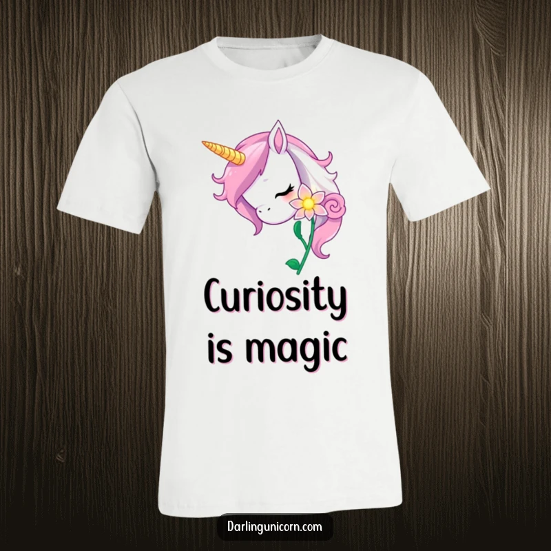 Funny unicorn t-shirt displaying a curious unicorn tenderly nuzzling a brightly glowing, magical flower, symbolizing exploration.