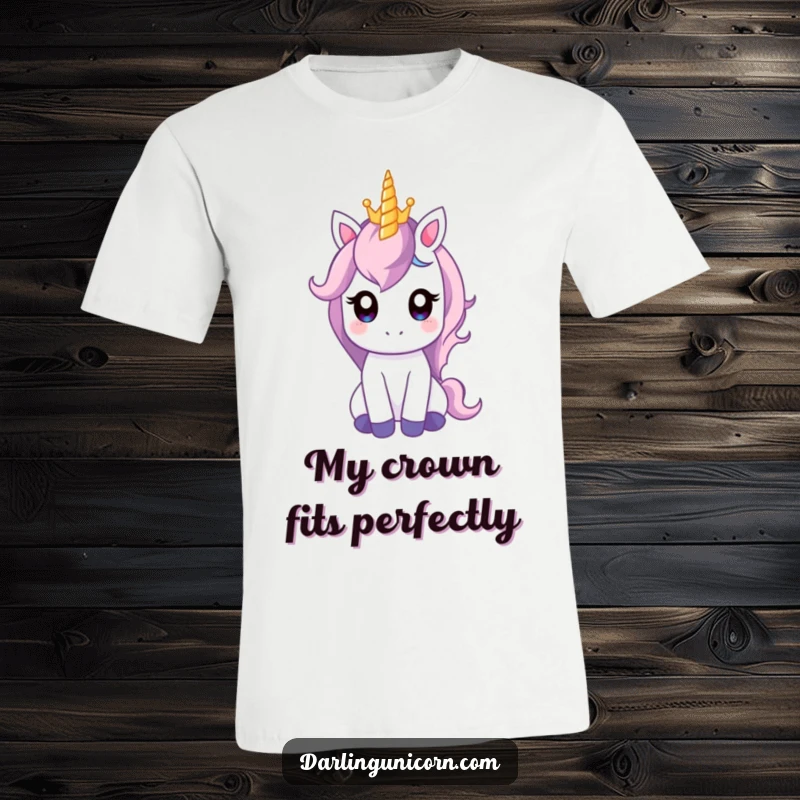 Funny t-shirt featuring a gentle unicorn with wide eyes intently balancing a tiny crown on its horn, looking charmingly regal.