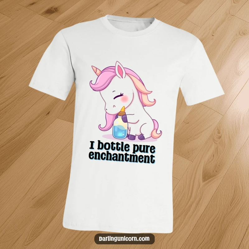 Funny T-Shirt featuring a gentle unicorn nuzzling a small, luminous potion bottle with affection, celebrating a sweet and magical connection.