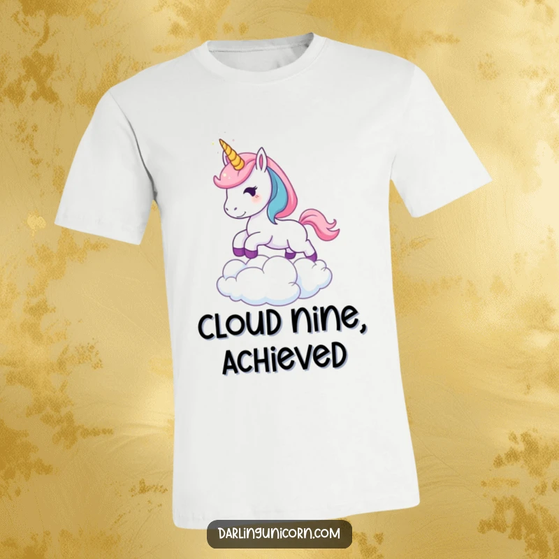 Funny Leaping Unicorn T-Shirt: A young unicorn with a shining horn leaping over a cloud, representing dreams, magic, and boundless joy.