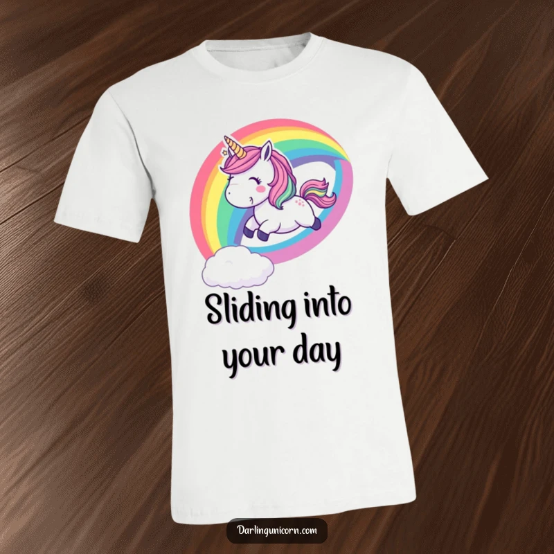 Funny T-Shirt of a playful unicorn sliding down a vibrant rainbow with a cheerful whoop, radiating happiness and energetic fun.