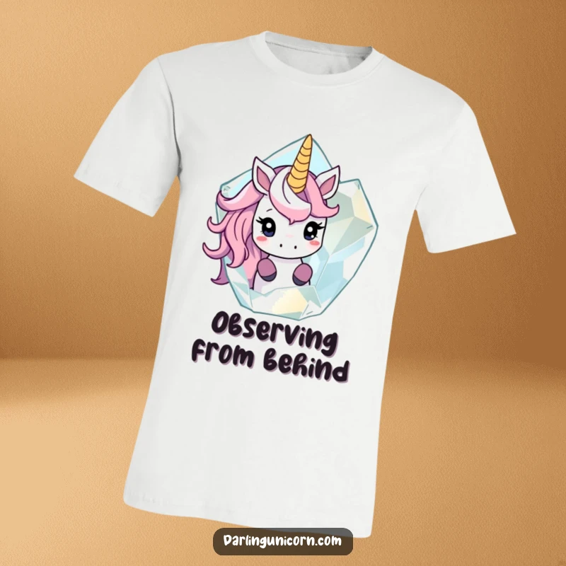 Funny T-Shirt of a shy unicorn peeking out from behind a large, translucent crystal, evoking curiosity and gentle enchantment.
