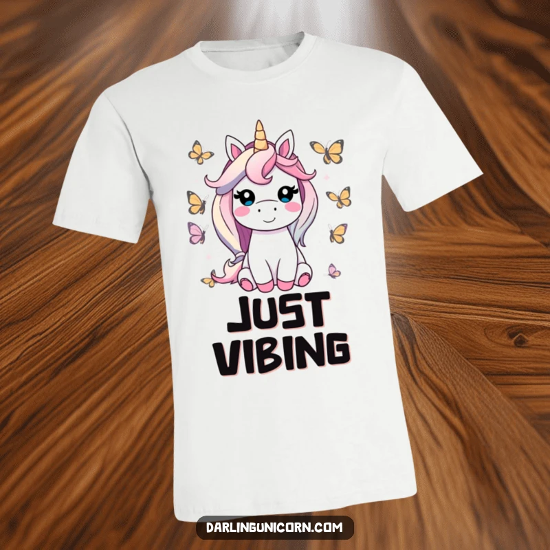 Funny unicorn t-shirt depicting a contented unicorn smiling, beautifully surrounded by fluttering, friendly butterflies, embodying peace and joy.