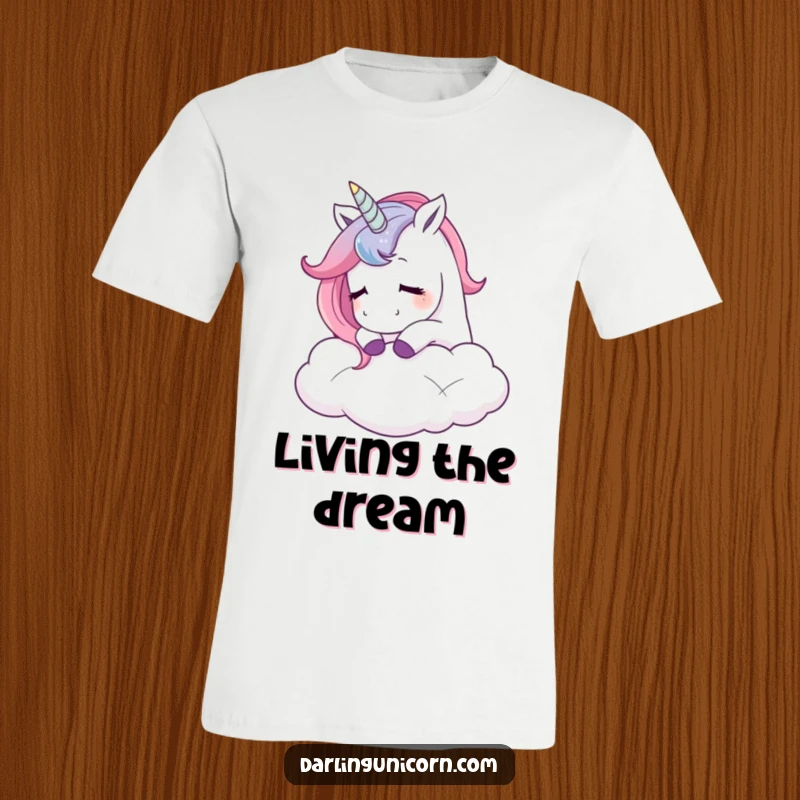 Funny t-shirt showcasing a unicorn nuzzling a fluffy cloud with a sigh of pure contentment, ideal for expressing a peaceful, happy mood.