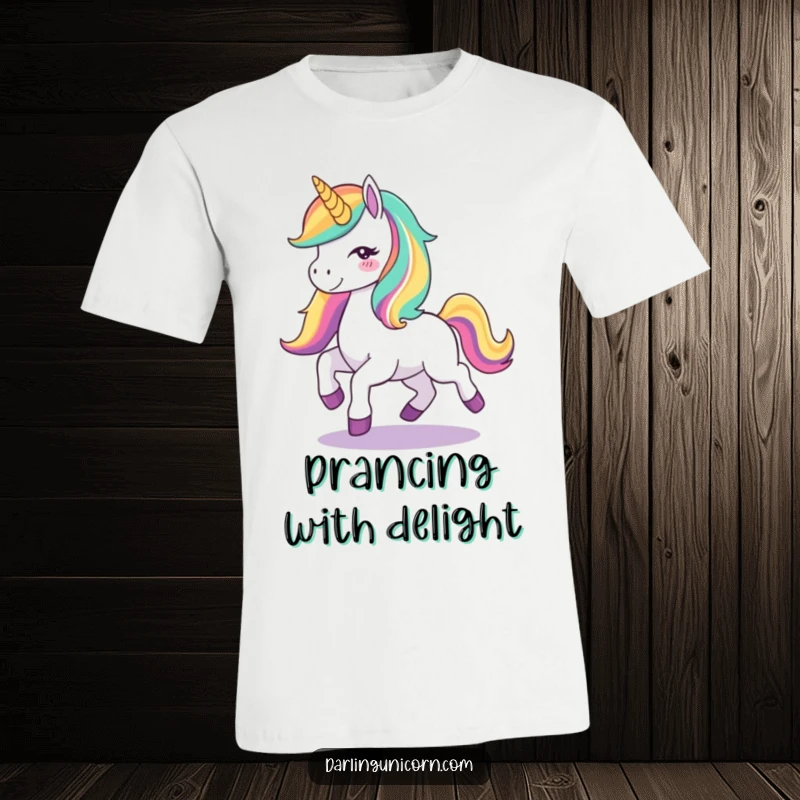 Funny Unicorn Joy T-Shirt: A delightful unicorn with a flowing rainbow mane energetically prancing, embodying pure joy and magical celebration.