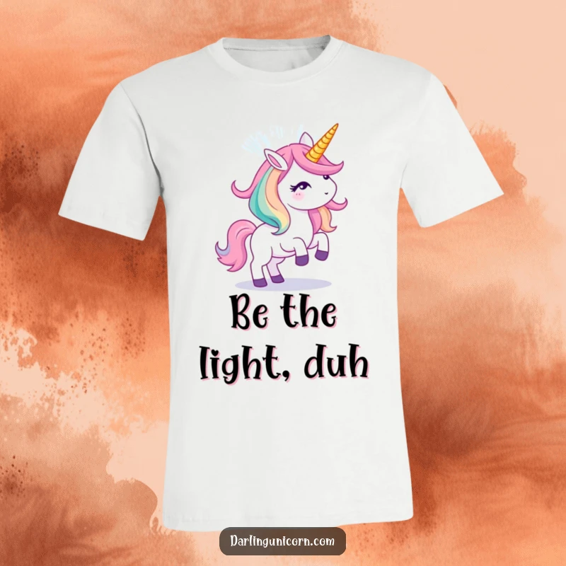 Funny t-shirt illustrating a unicorn creating a vibrant, dazzling light show radiating from its horn.