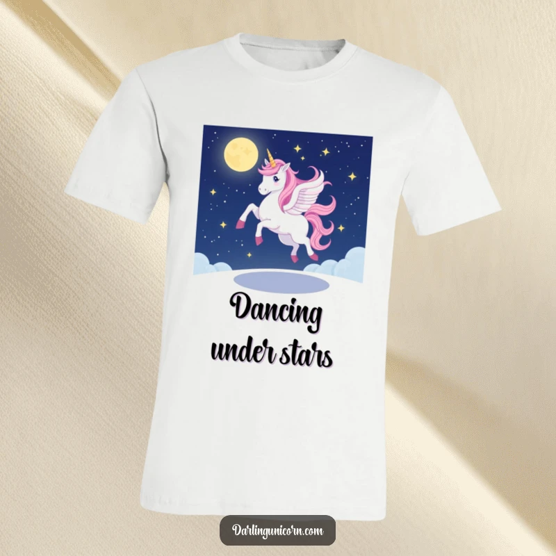 Funny unicorn t-shirt showing a unicorn in a graceful but wobbly pirouette under a dark, star-filled night sky, celebrating effort and charm.