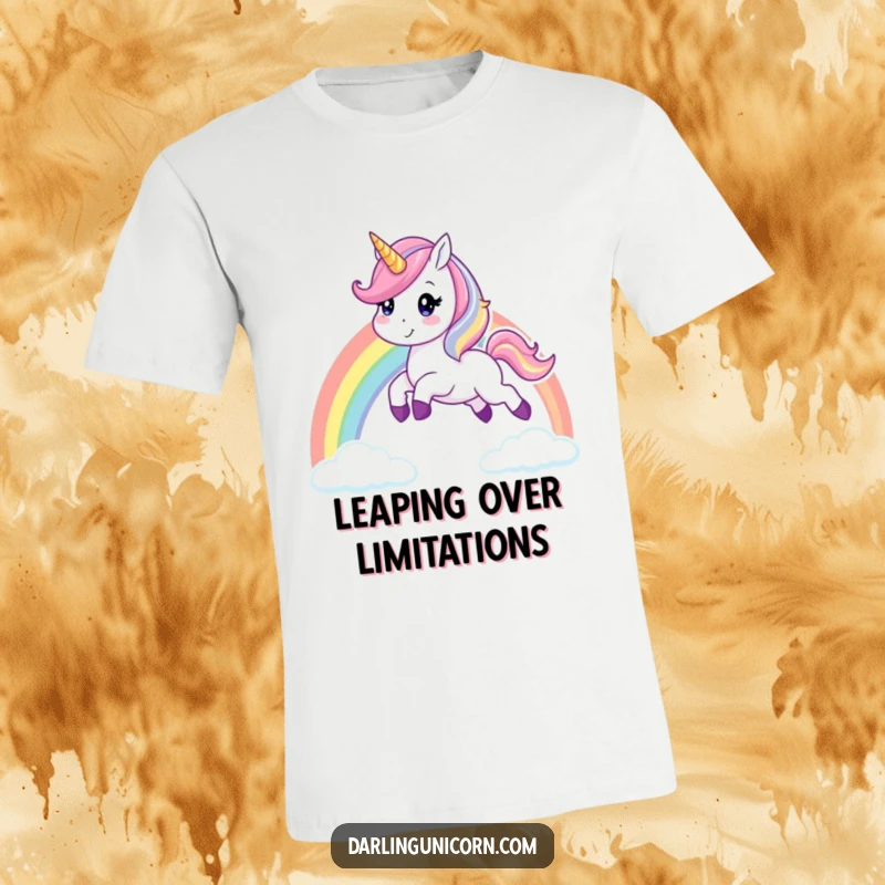 Funny unicorn t-shirt depicting a cheerful unicorn mid-air, joyfully leaping over a vibrant rainbow, a symbol of dreams and happiness.