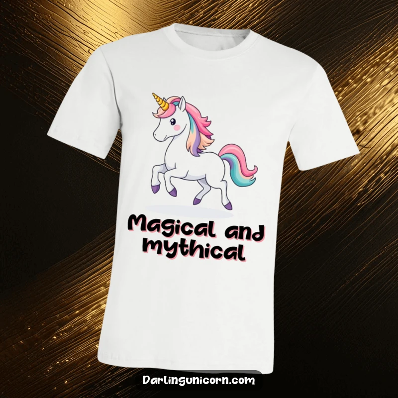 Funny Unicorn Rainbow T-Shirt: A majestic unicorn prances, creating a colorful rainbow trail, radiating magical fun and humor.