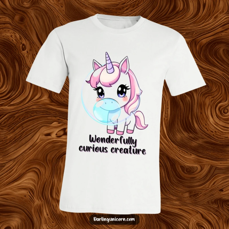 Funny unicorn with big, curious eyes leaning in to sniff a large, shimmering iridescent bubble, full of gentle intrigue.