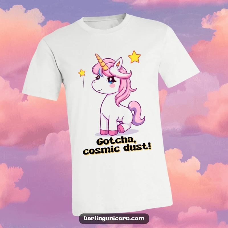 Funny Unicorn T-Shirt: A delighted unicorn gleefully snags a twinkling star from the night sky, pure magical joy.