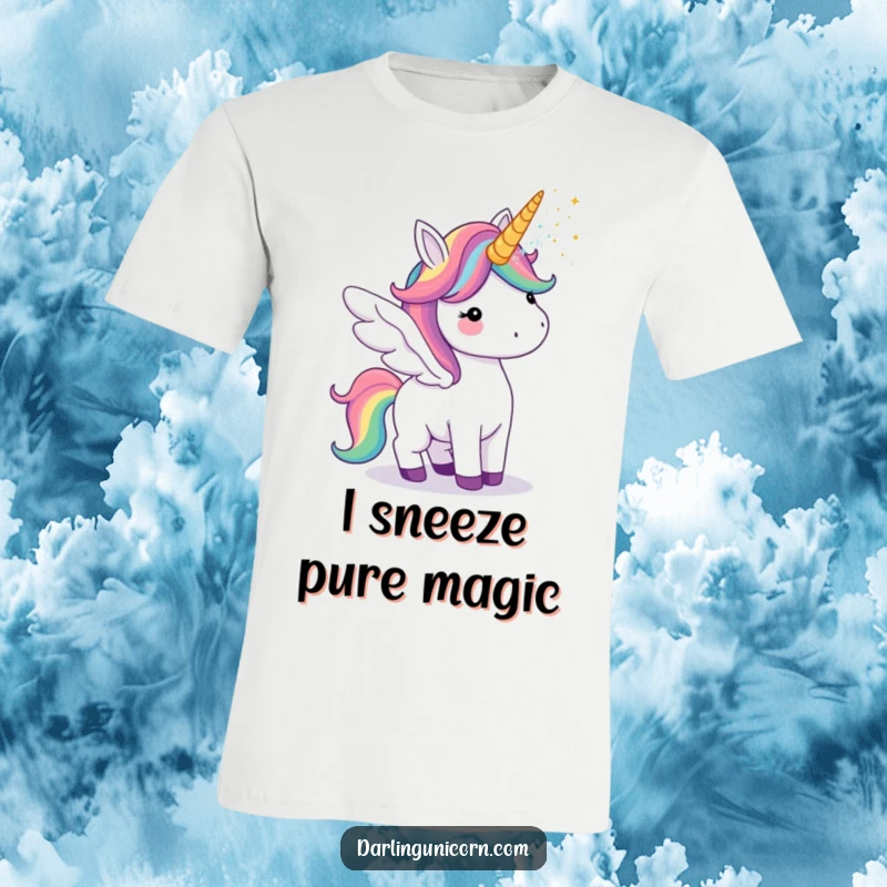 Funny t-shirt depicting a unicorn with vibrant rainbow wings playfully showering glitter from its horn, celebrating fun.