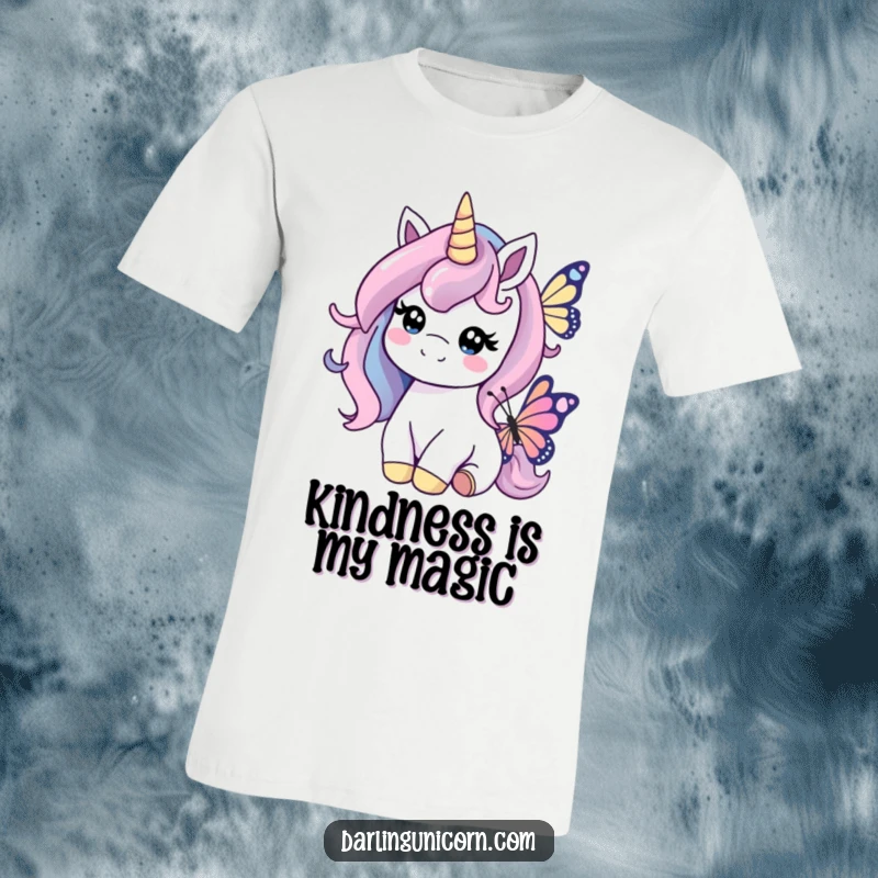 Funny t-shirt showcasing a smiling unicorn gently interacting with a butterfly, symbolizing kindness and peaceful companionship.
