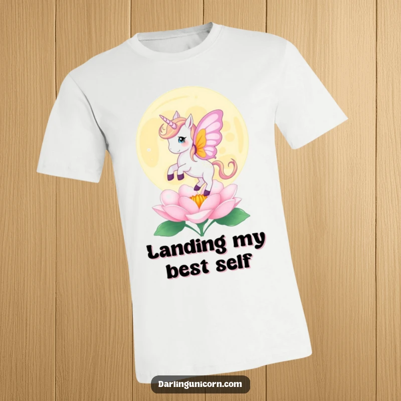 Funny T-Shirt of a unicorn with butterfly wings gently landing on a blooming moonflower, representing delicate beauty and magic.