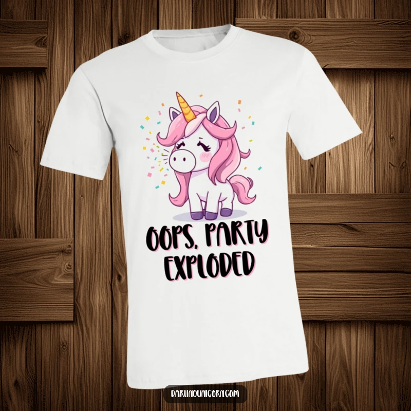 Funny surprised unicorn sneezing a spectacular, colorful confetti shower on a comfortable graphic t-shirt.
