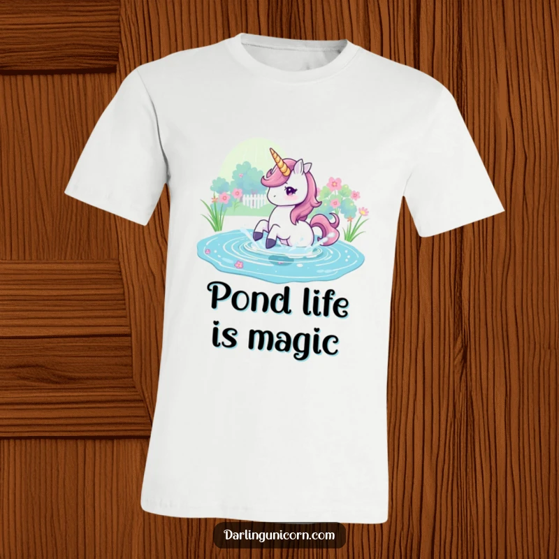 Funny T-Shirt of a unicorn joyfully splashing water in a vibrant, magical pond, embodying pure playful energy.