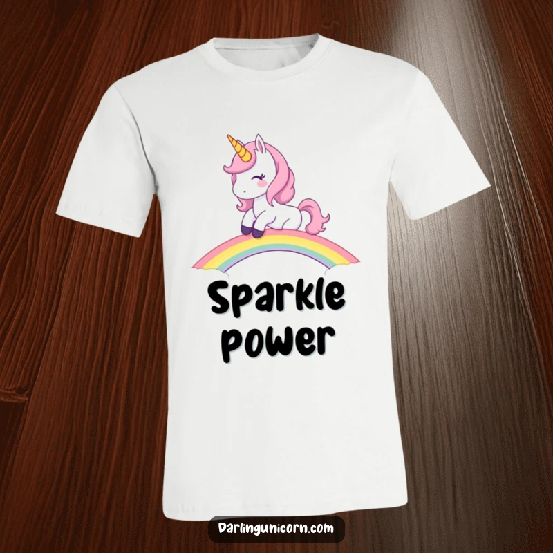 Funny Unicorn T-Shirt: Mischievous unicorn riding a rainbow bridge with a wink, a whimsical and humorous graphic tee.