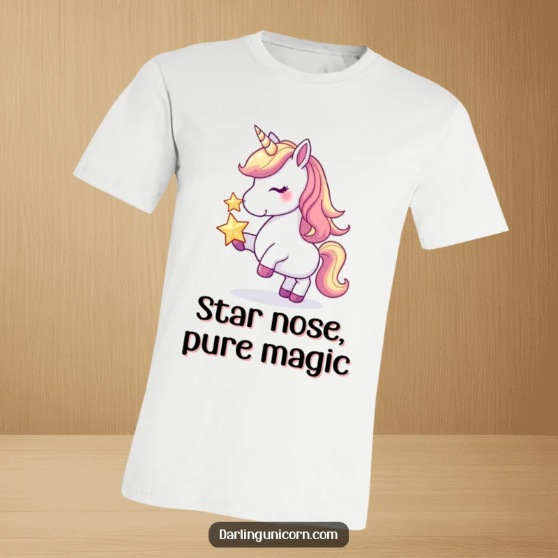 Funny t-shirt showcasing a regal unicorn expertly balancing a bright star on its nose, perfect for fantasy and humor enthusiasts.
