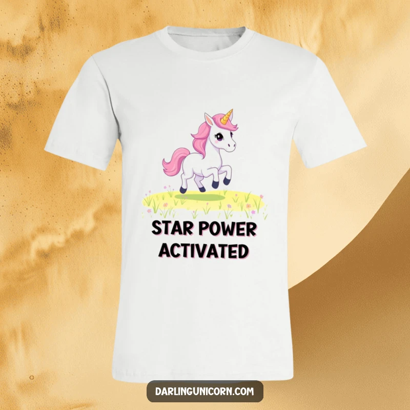 Funny T-Shirt featuring a beautiful unicorn with a starry mane, joyfully galloping across a whimsical, colorful field.