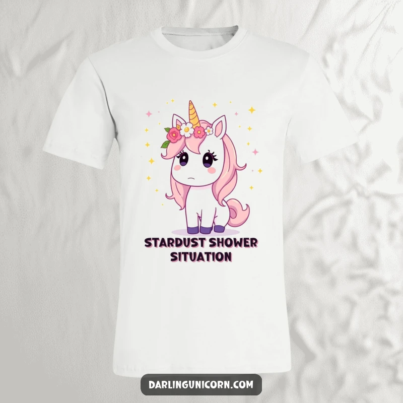 Funny unicorn with a flower crown, wide-eyed and surprised by a beautiful cascade of shimmering stardust.