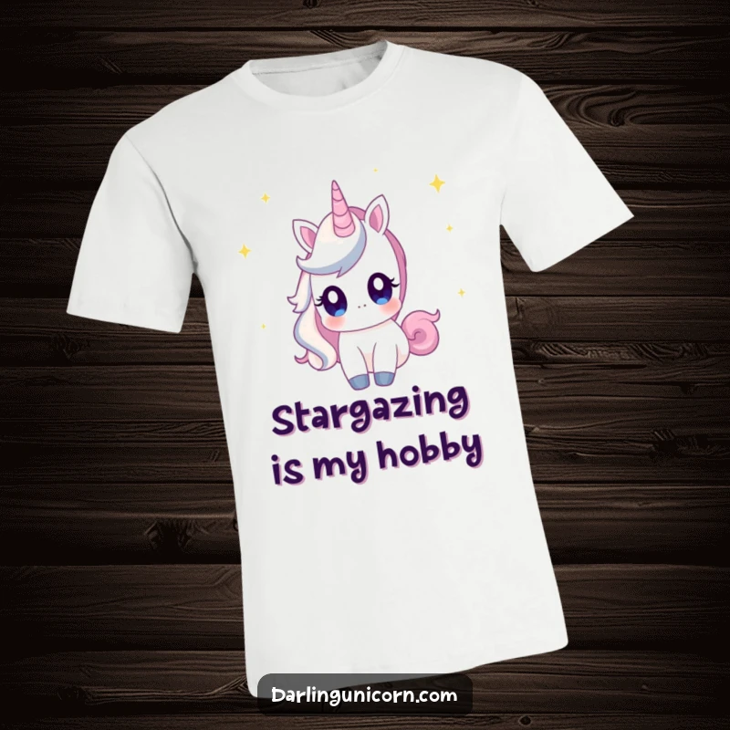 Funny t-shirt featuring a unicorn with large, curious eyes, looking up at a sky filled with shooting stars, celebrating dreams.
