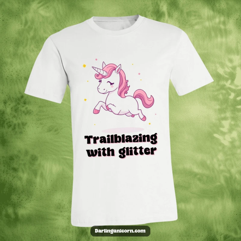 Funny t-shirt depicting a joyful unicorn trotting energetically, its hooves scattering magical star dust, a symbol of exhilaration.