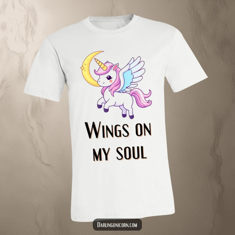 Funny Kawaii Unicorn T-Shirt: A unicorn with spread iridescent wings soars gracefully near a crescent moon, radiating magic.