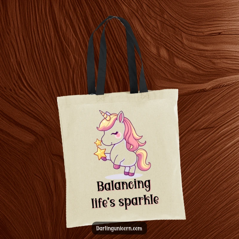Funny tote bag depicting a graceful unicorn balancing a luminous star on its nose, great for shopping and spreading joy.