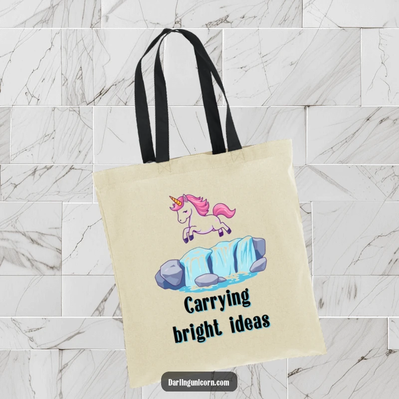 Funny Kawaii Unicorn Tote Bag: A unicorn with a glowing horn leaps over a glistening waterfall, carrying enchantment wherever it goes.