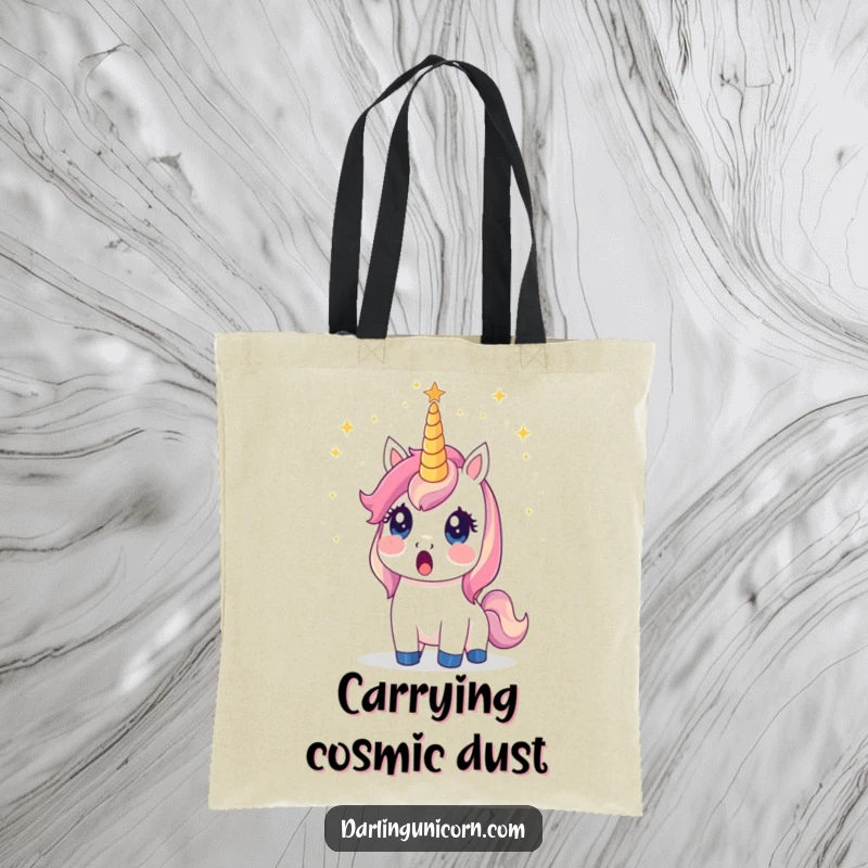 Funny unicorn tote bag with a surprised unicorn whose horn is erupting with a shower of glistening stardust.