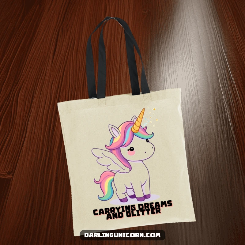 Funny tote bag featuring a unicorn with bright rainbow wings, playfully expelling glitter from its horn, for magical shopping.