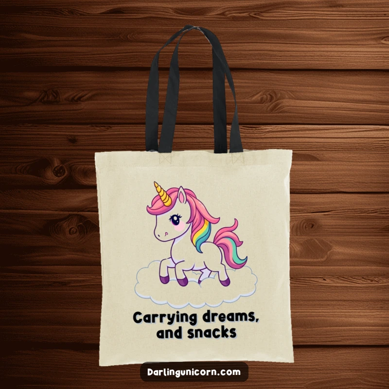 Funny kawaii unicorn with a majestic rainbow mane prancing playfully amidst cotton-like clouds, printed on a durable and stylish tote bag.