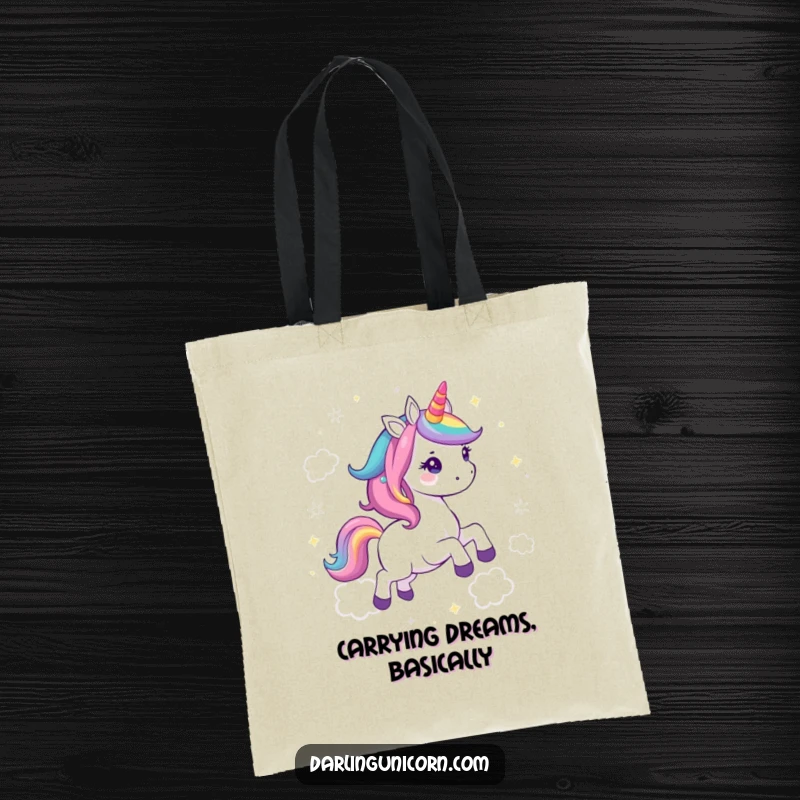 Funny Kawaii Unicorn Tote Bag: A happy unicorn with a flowing rainbow mane trots through sparkling clouds, ready for adventure.
