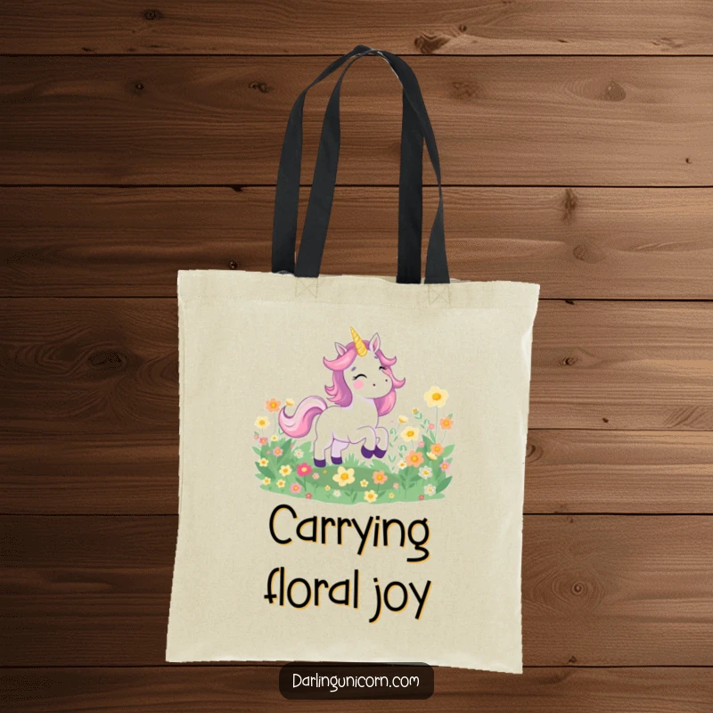 Funny tote bag with a joyful unicorn galloping through a vibrant field of glowing flowers, perfect for carrying magical essentials.
