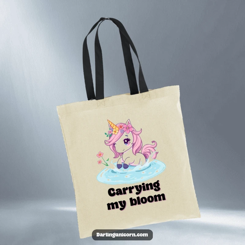 Funny tote bag featuring a floral unicorn playfully splashing in a crystal pond, perfect for carrying everyday items with style.