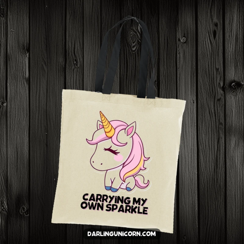 Funny Tote Bag with a delightful unicorn design, featuring a golden horn and a charming, adorable wink.