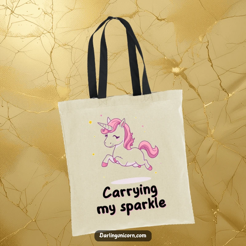 Funny tote bag with an excited unicorn kicking up stardust, designed for carrying treasures and spreading magical energy.