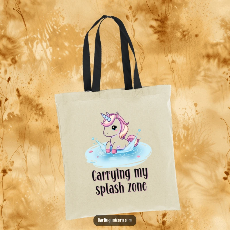 Funny tote bag featuring a unicorn playfully splashing in a crystal clear pond, perfect for carrying essentials with flair.